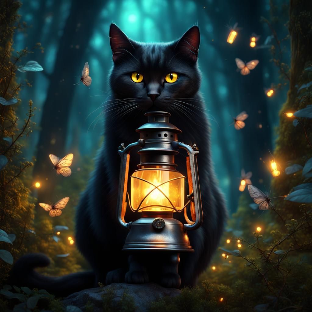 Black Cat with Lantern in Magical Forest