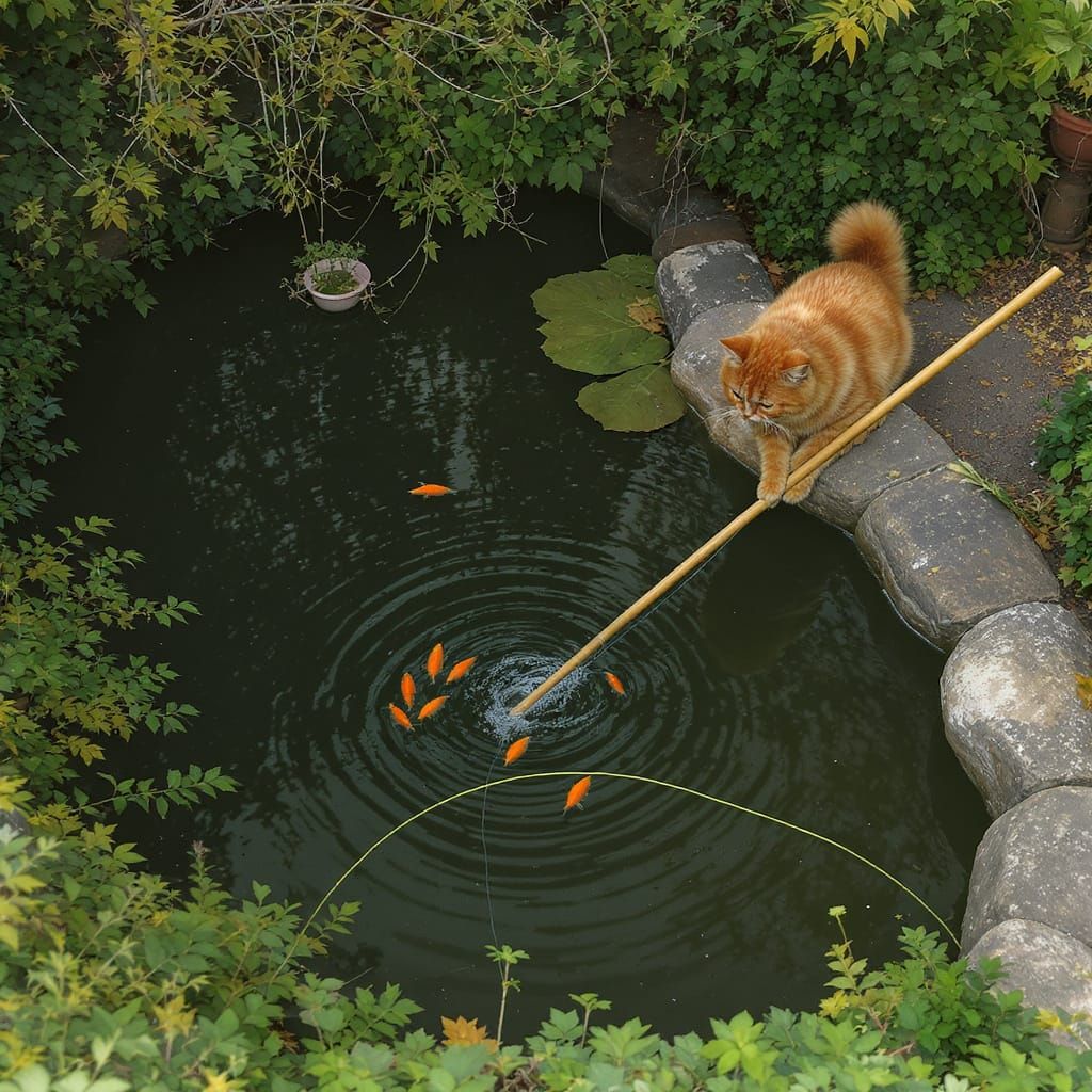Ginger Cat Fishing at Lush Garden Pond