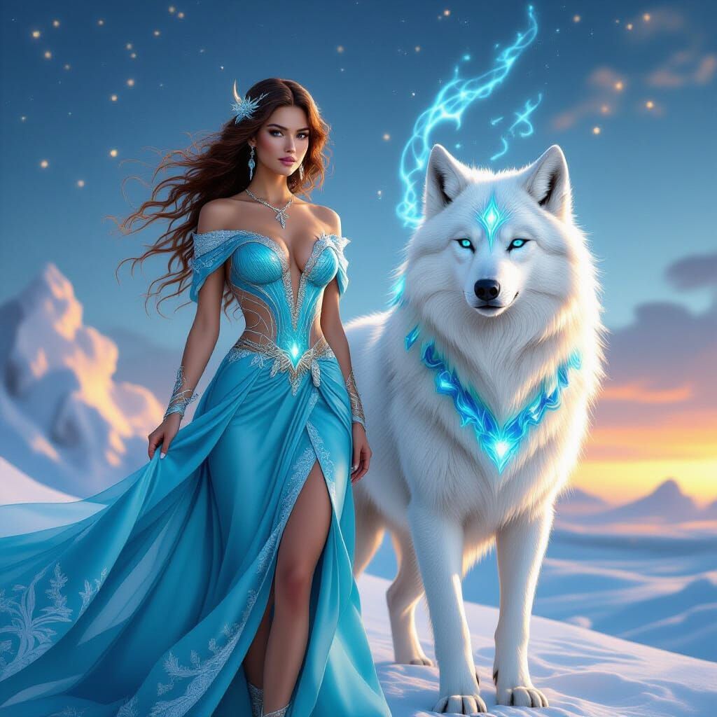 Fantasy Woman with Wolf in Digital Art Style