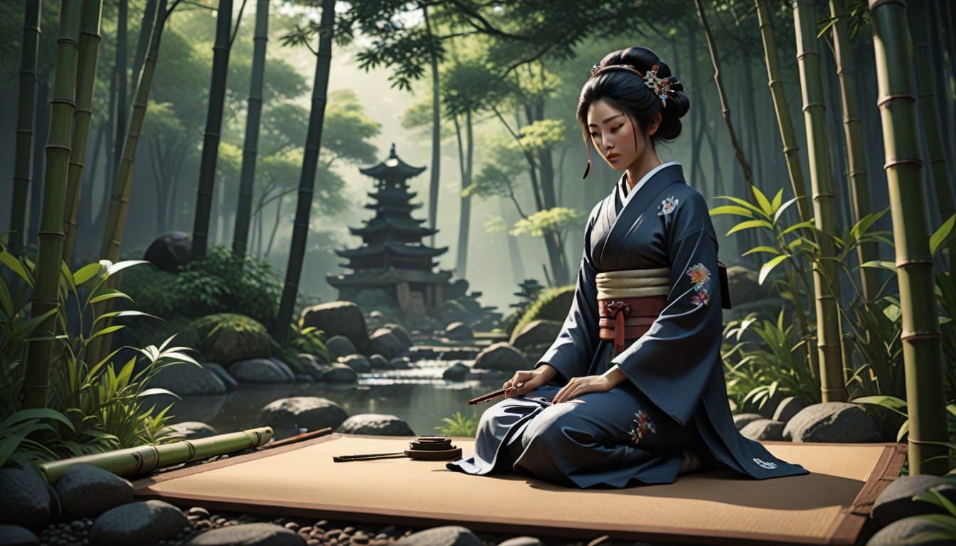 Geisha in Bamboo Garden: Japanese Ink Painting