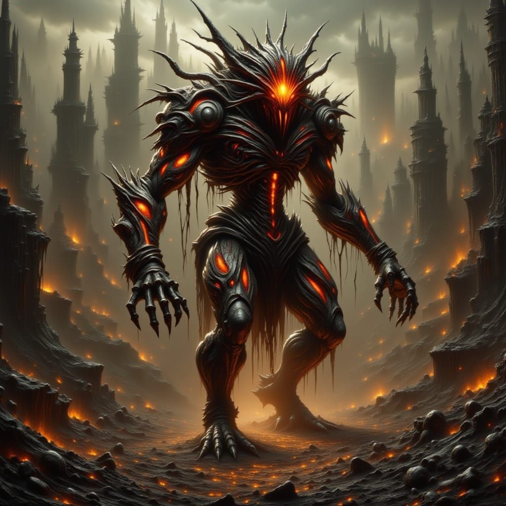 Towering Biomechanical Monstrosity in Gothic Surrealism