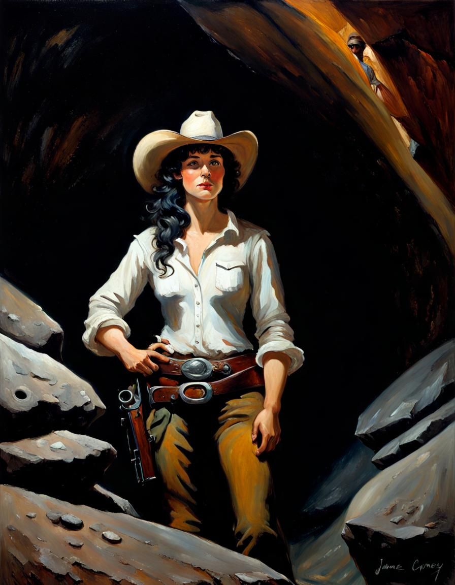 Cowboy Woman in Dark Cave, Oil Painting