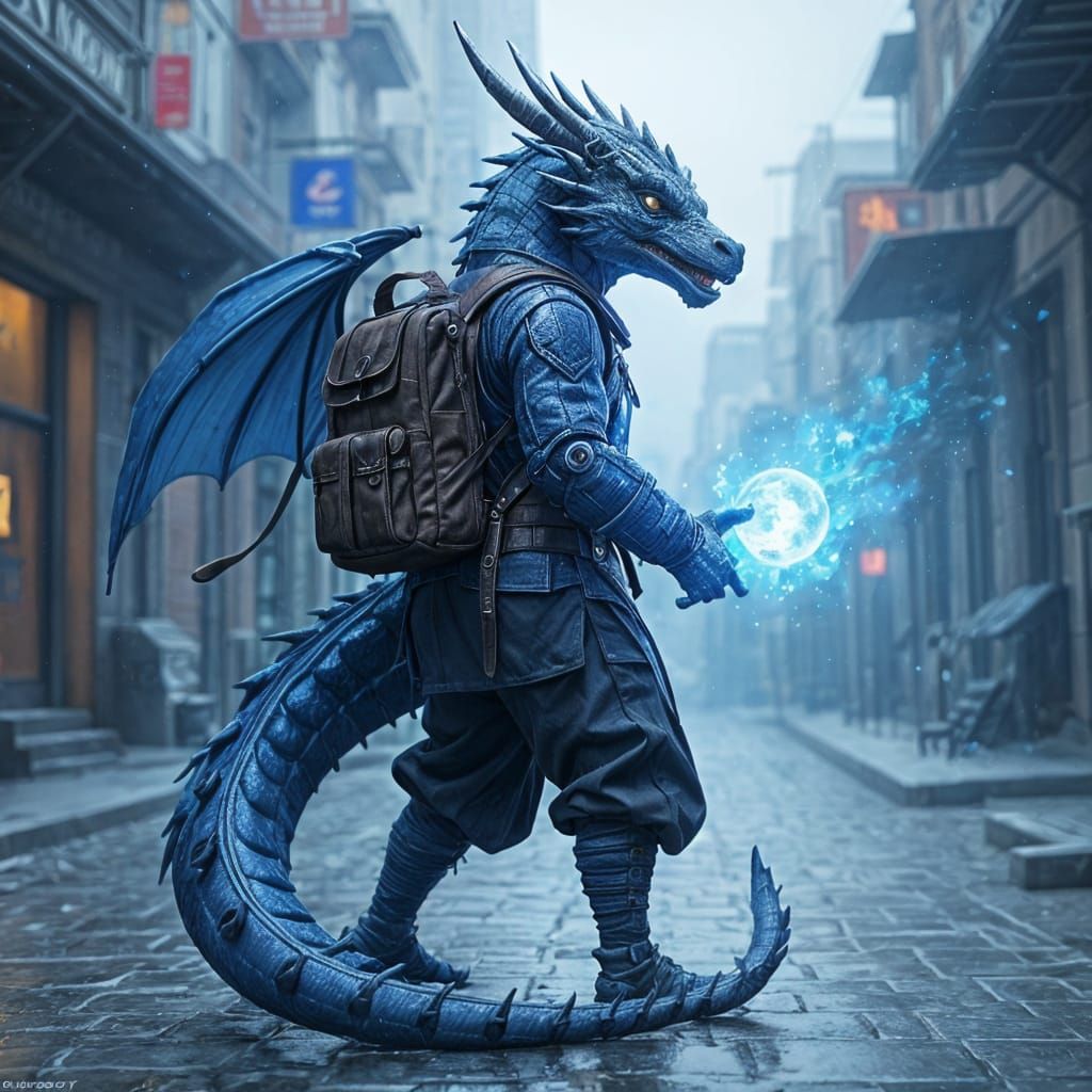 Dragon Backpack Warrior with Blue Fireball: 3D Anime Art