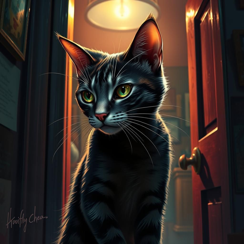 Eerie Cat in Film Noir Doorway