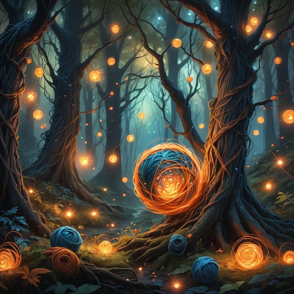 Mystical Forest Scene with Unraveling Yarn