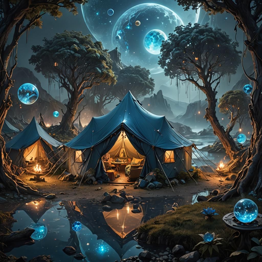 Bioluminescent Tent Near River with Galaxy Background