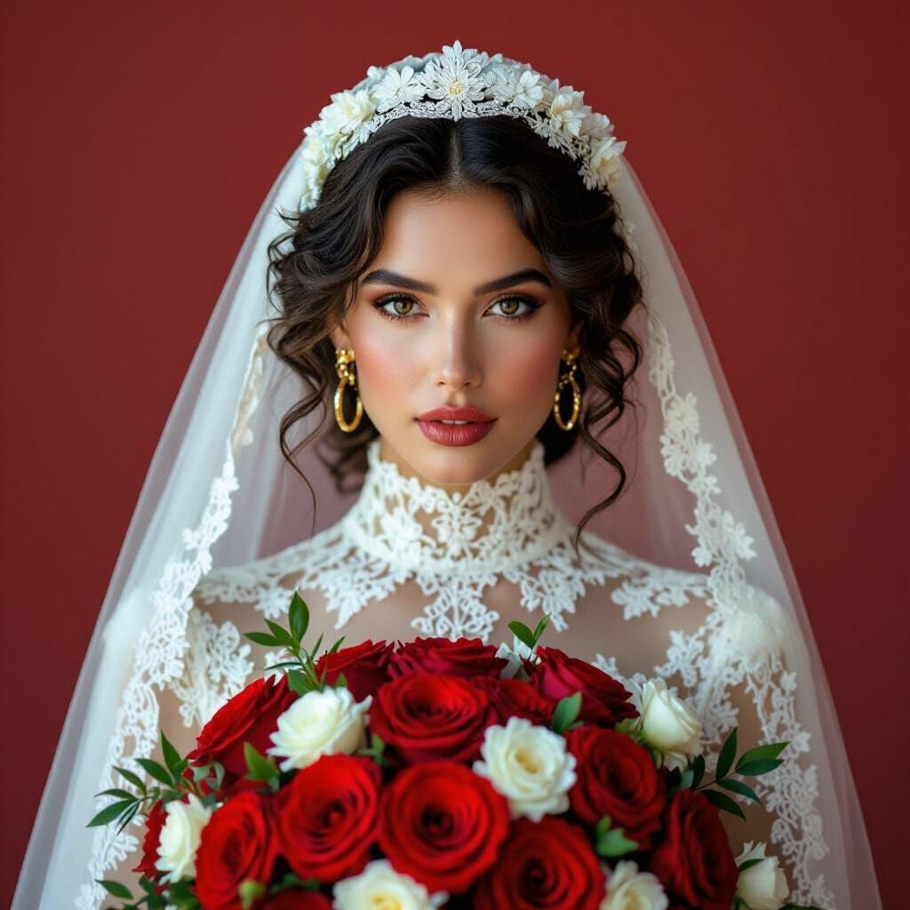 Elegant Woman in Bridal Gown with Red Roses