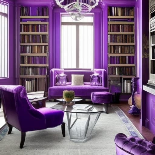 Hermione Granger themed penthouse with Violet purple walls with cobalt blue accents& Silver windows& purple curtains& Be...