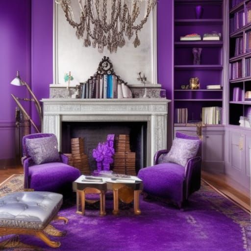 Hermione Granger themed penthouse with Violet purple walls with cobalt blue accents& Silver windows& purple curtains& Be...