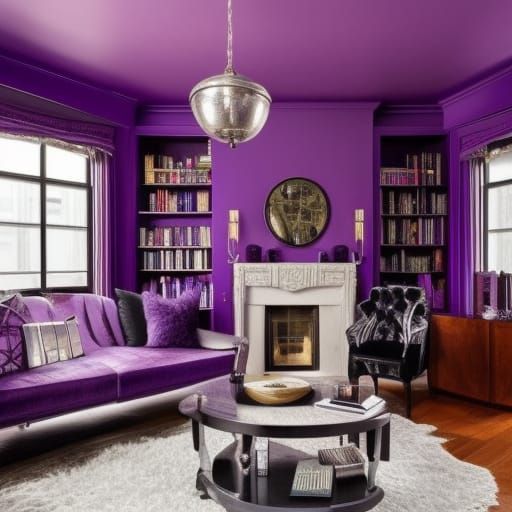 Hermione Granger themed penthouse with Violet purple walls with cobalt blue accents& Silver windows& purple curtains& Be...