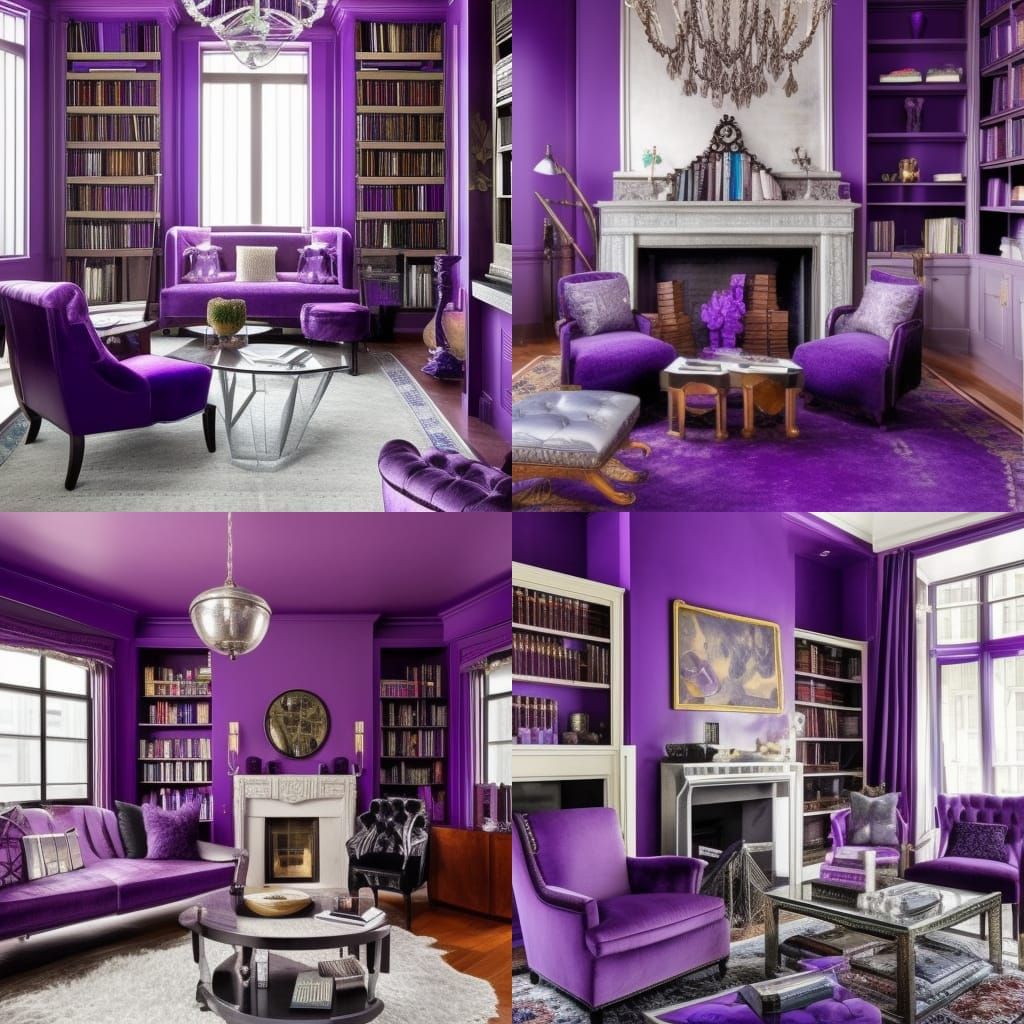 Hermione Granger themed penthouse with Violet purple walls with cobalt blue accents& Silver windows& purple curtains& Be...