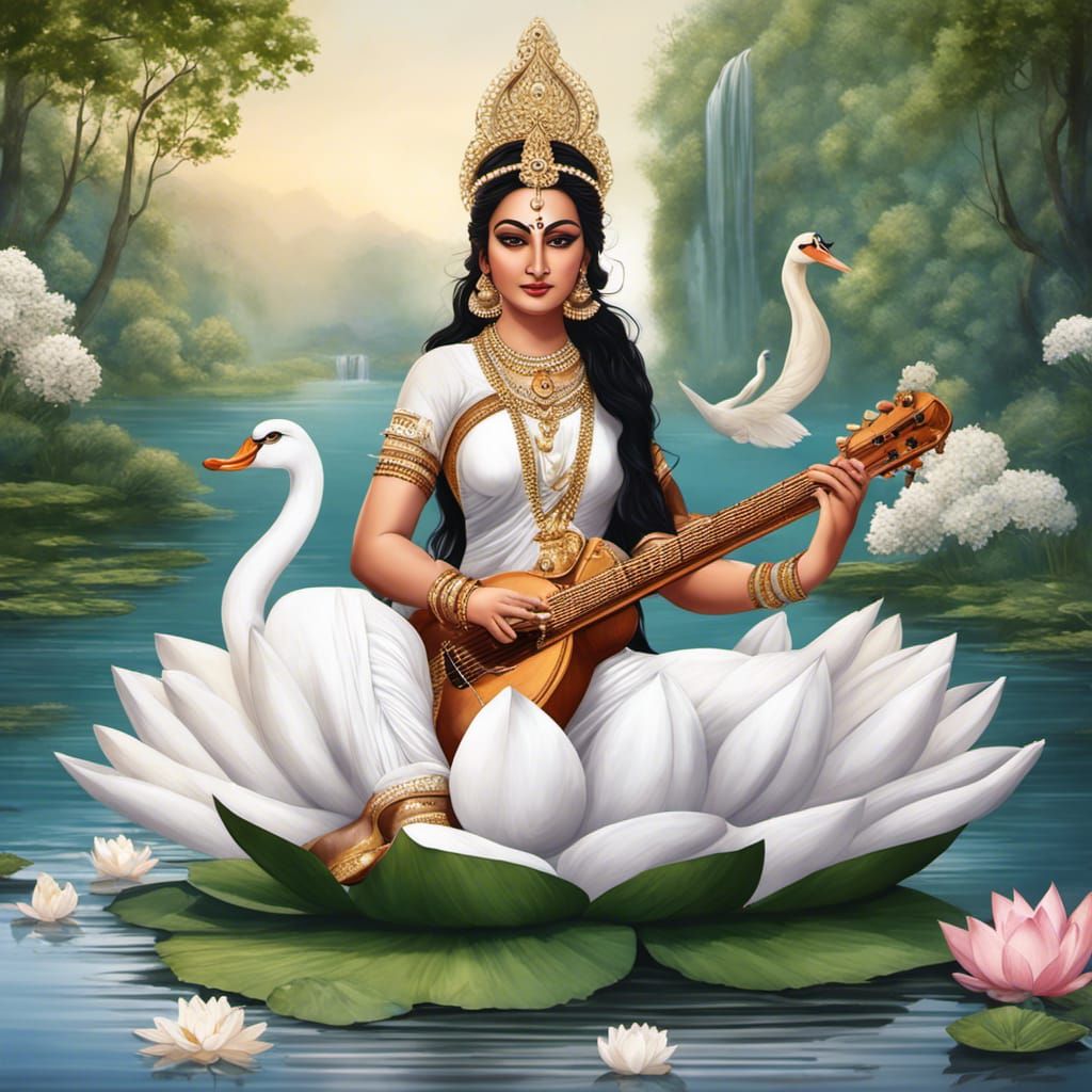 Goddess Saraswati on Lotus in Lake: Hyperrealistic