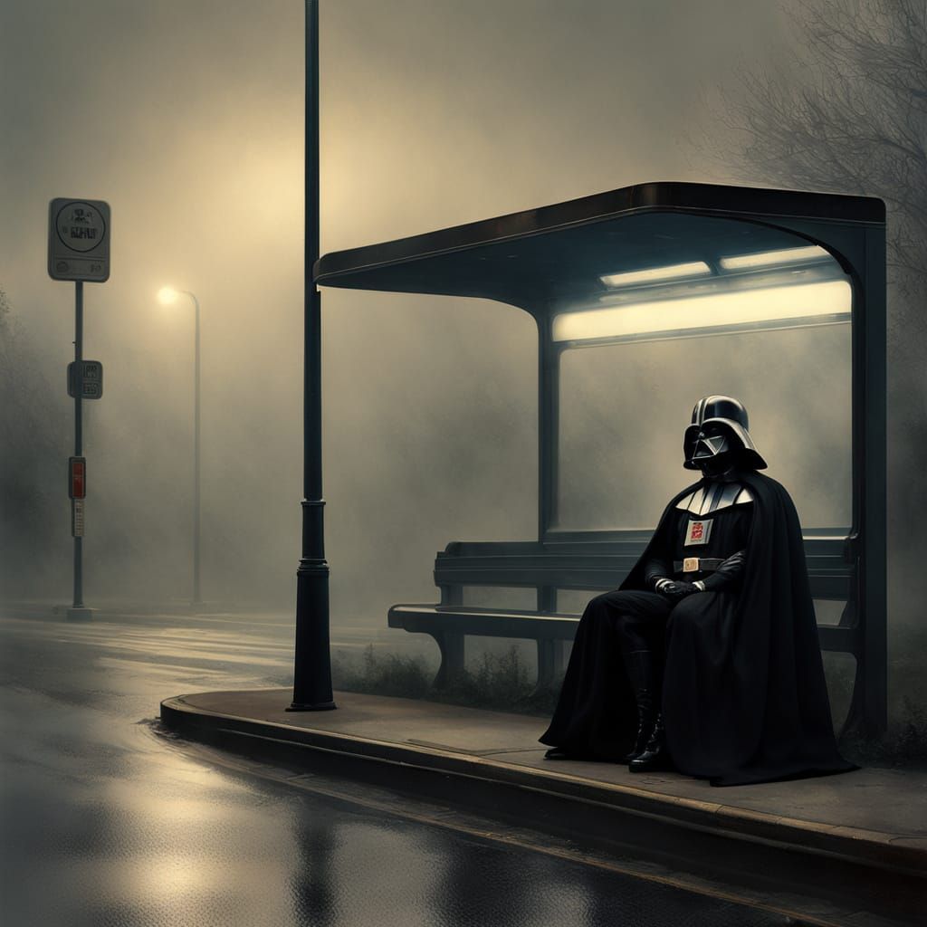 Darth Vader at Foggy Bus Stop in Contemporary Sci-Fi Style