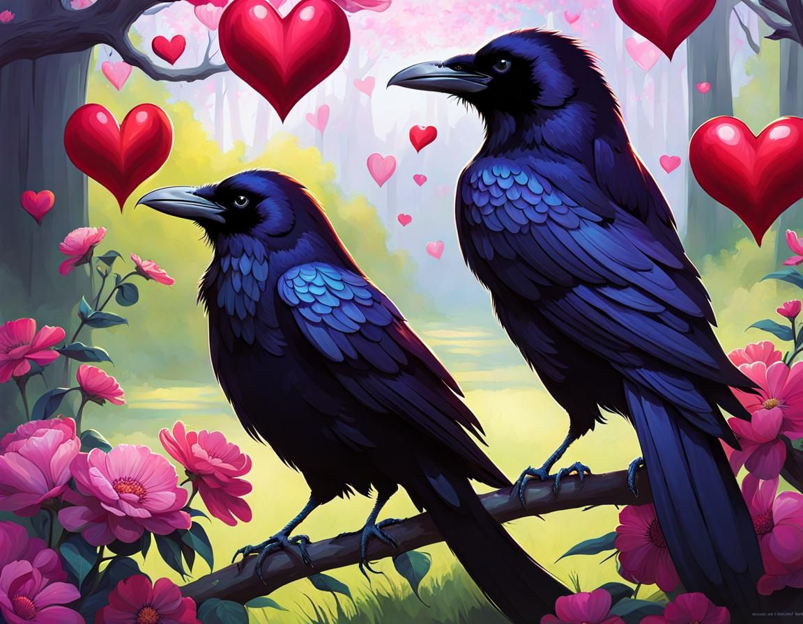 Ravens with Hearts and Flowers in Digital Art