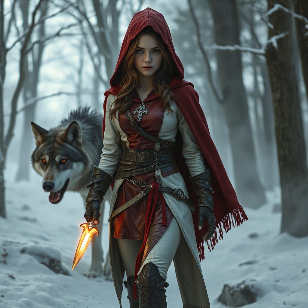 Mystical Rogue Maiden Walks with Enchanted Wolf through Wint...
