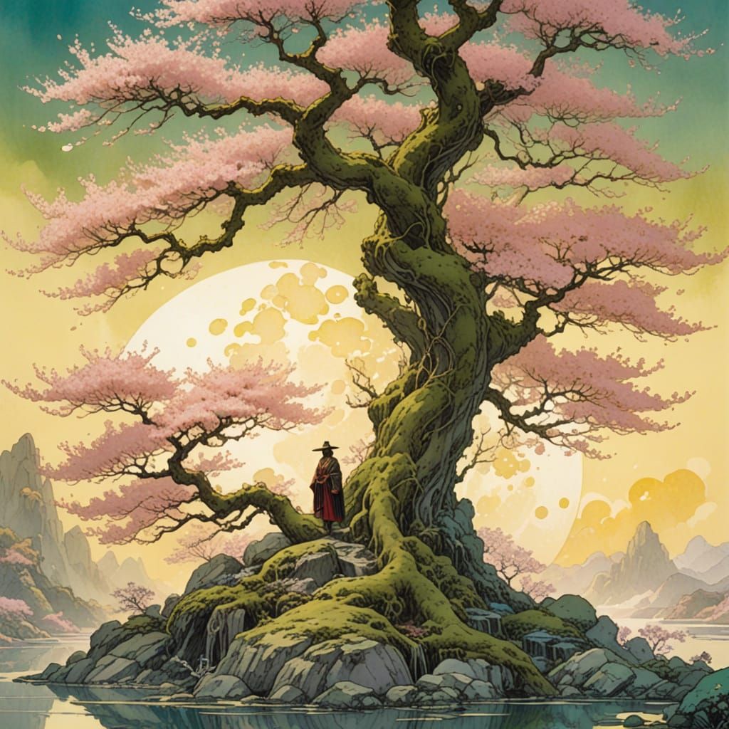 Iridescent Cherry Blossom Tree in High Fantasy Style