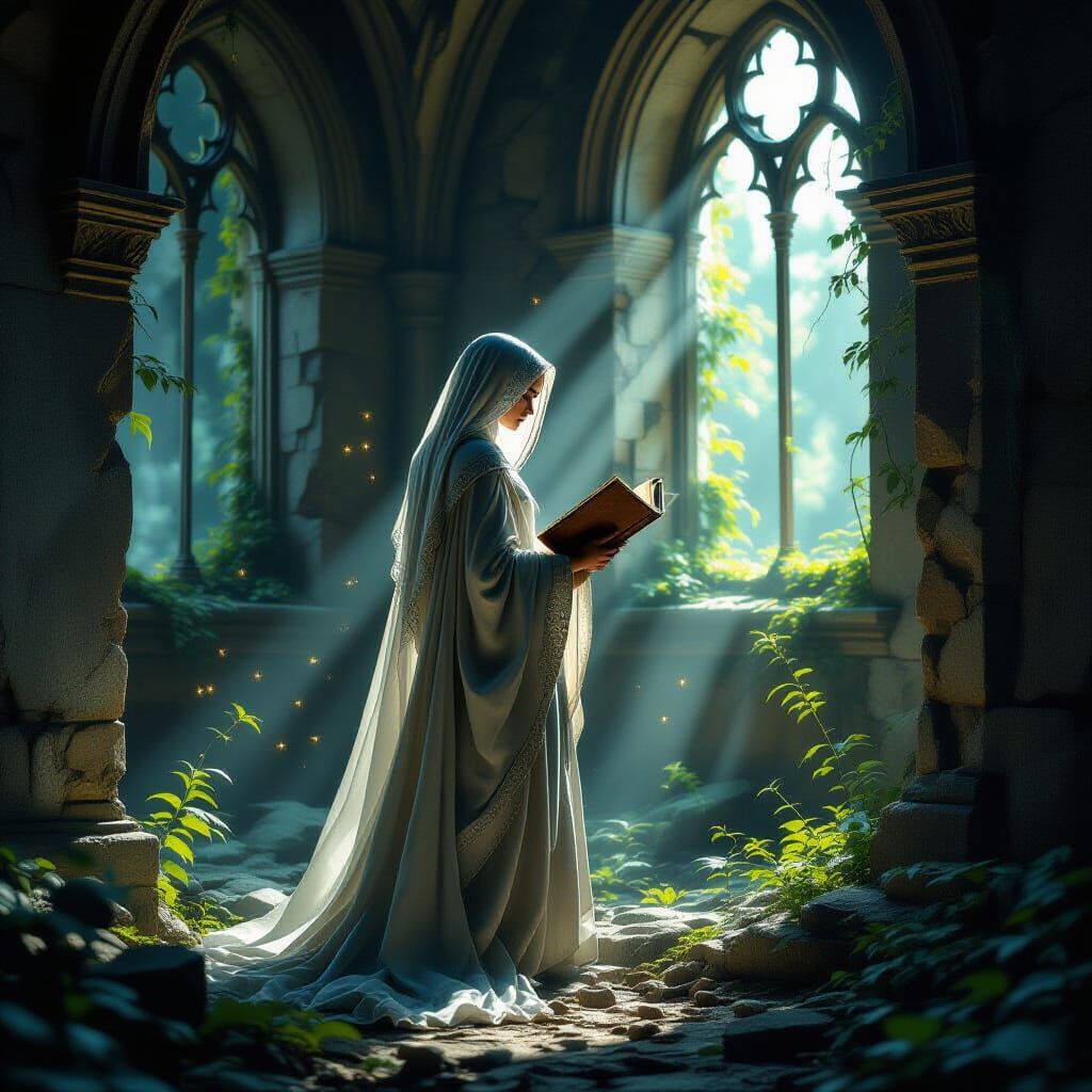 Ethereal Figure in Ancient Ruins with Glowing Book