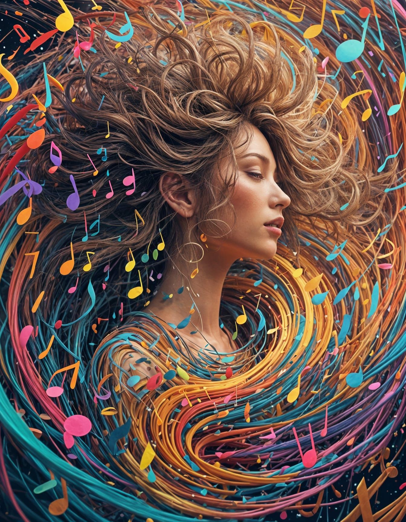 Musician's Portrait with Flowing Music Notes