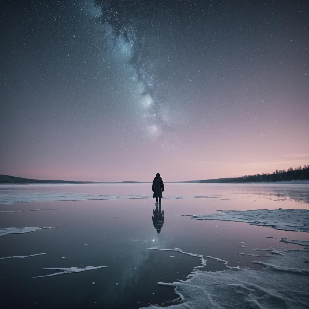 Ethereal Figure Walks Frozen Lake Under Starry Sky