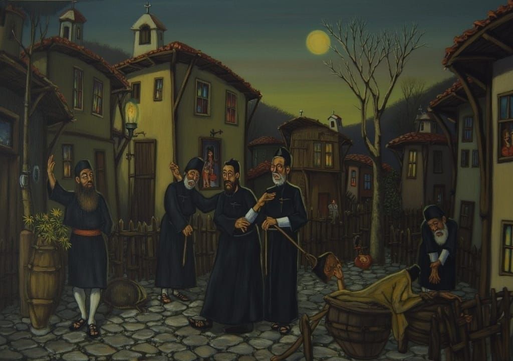 Drunk Priests Leave Pub in Naive Art Style
