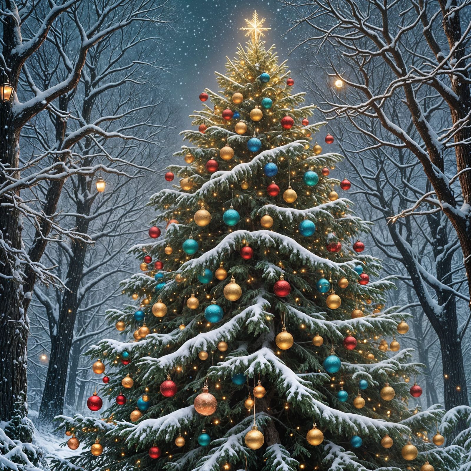Giant Christmas Tree in Snowy Forest: Fantasy Art