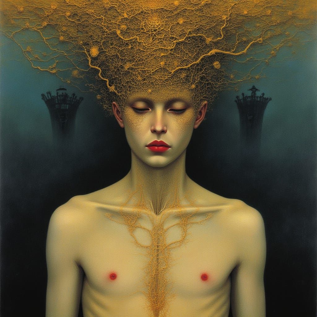 Dystopian Surrealist Portrait with Gold Accents
