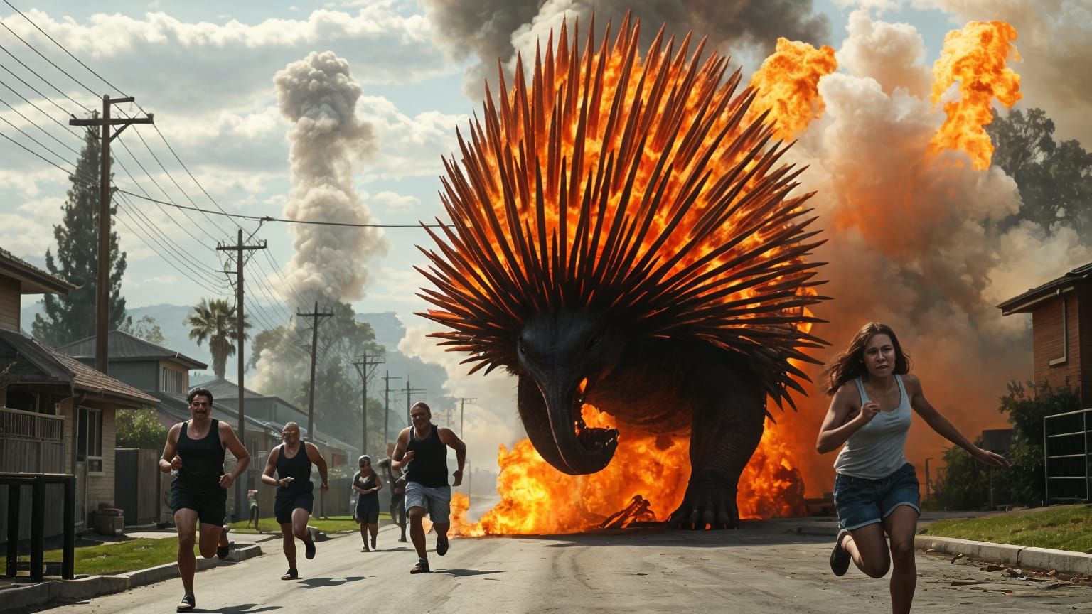 Australian Echidna Rampage in a Burning Suburb