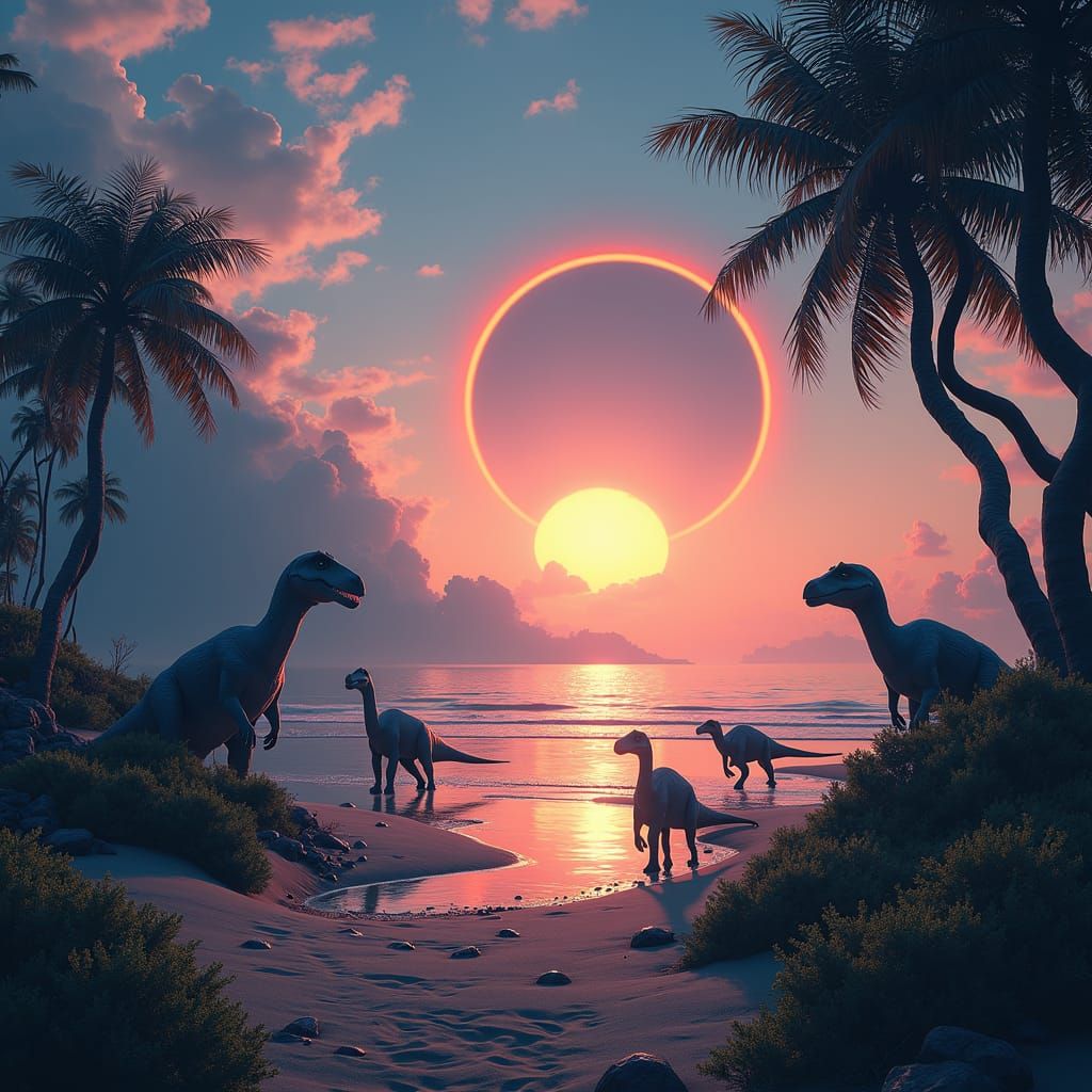 Dinosaurs Roam Shore During Titansolar Eclipse