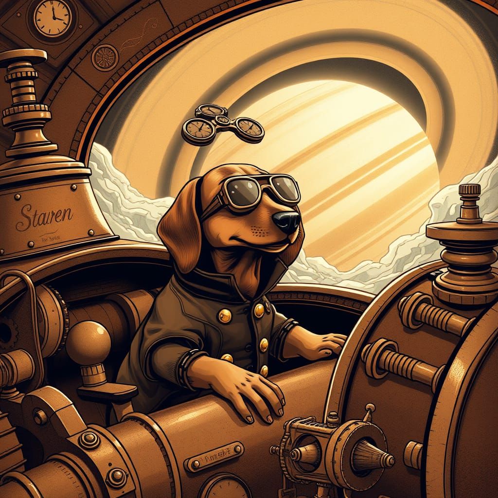 Steampunk Dachshund Submarine Voyage Through Saturn's Rings