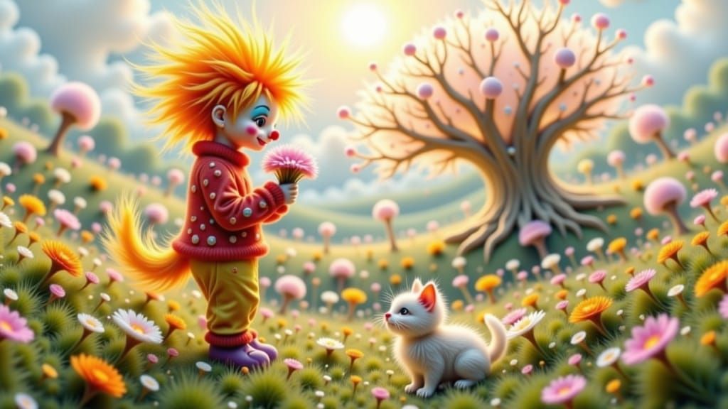 Vibrant Clown Surrounded by Whimsical Nature in Sunny Landsc...