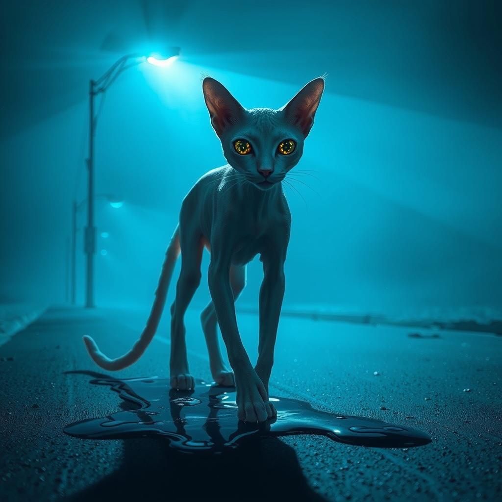 Eerie Cat Walks Beneath a Solitary Streetlight