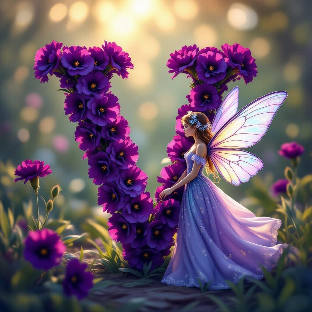 Purple Carnation 'V' with Ethereal Fairy, Fantasy Illustrati...