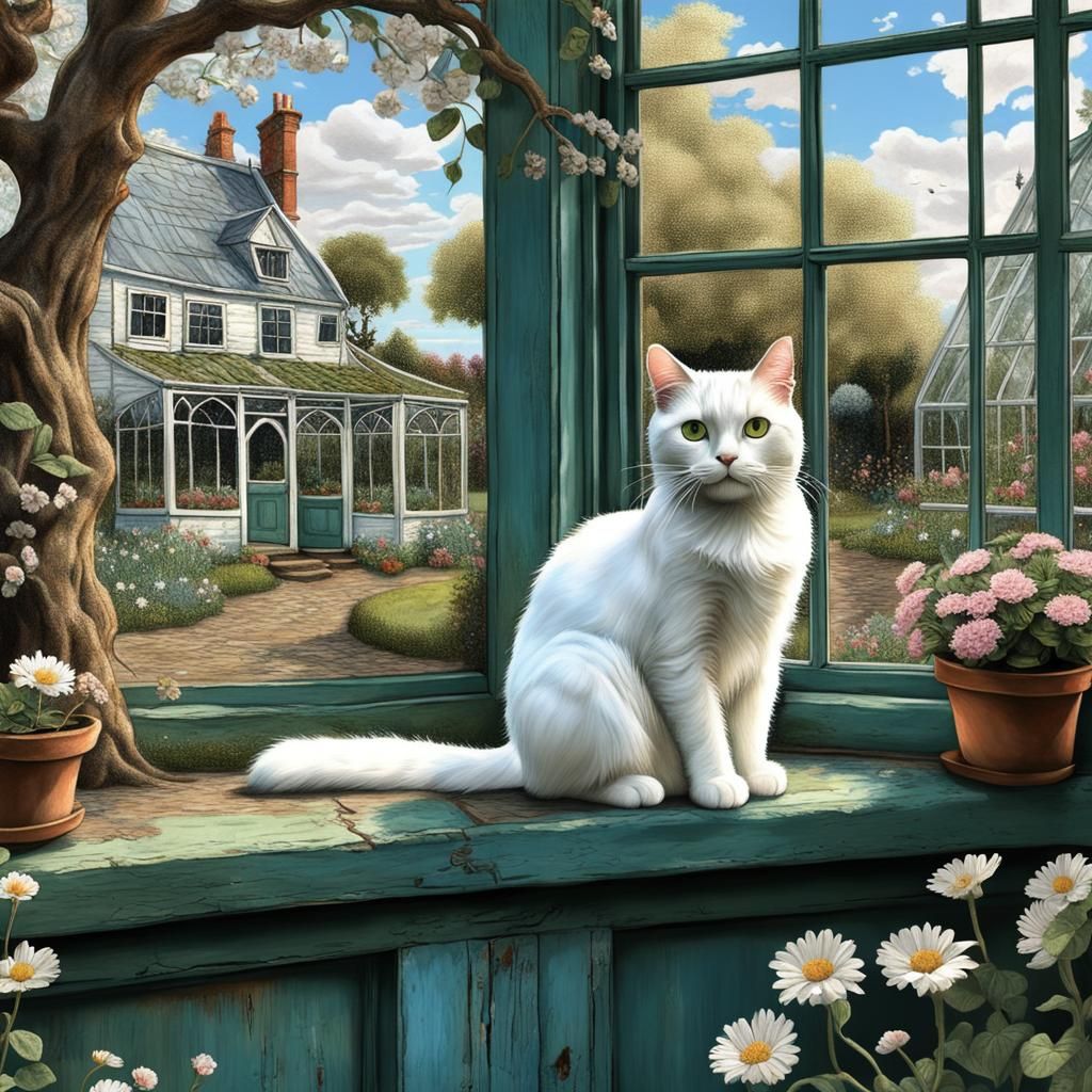 Goofy Cat Gazing at Tree: Pointillist Matte Painting