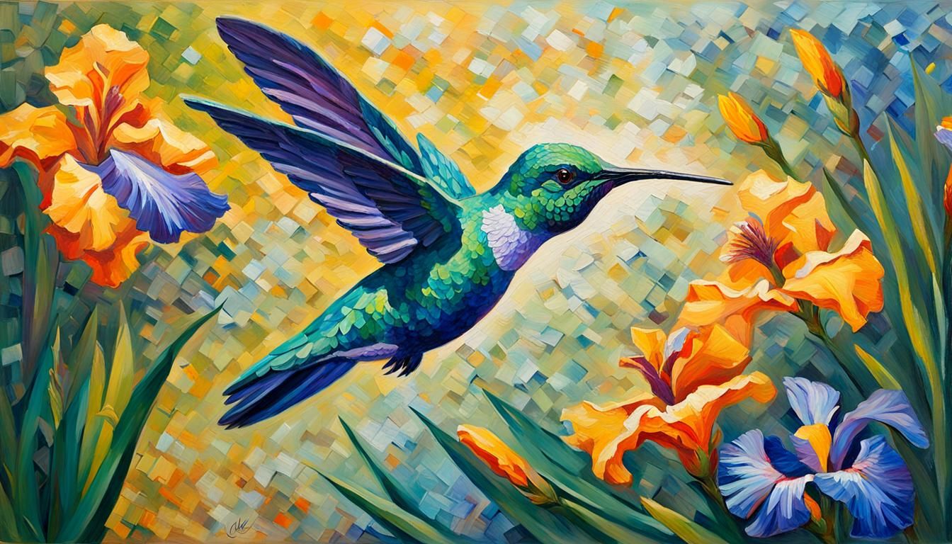 Hummingbird and Iris Flower in Expressionist Style
