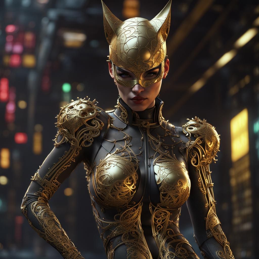 Cyberpunk Catwoman in Chrome and Gold Filigree