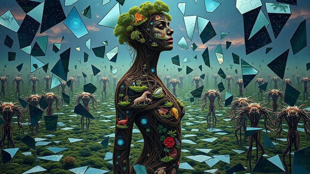 Surreal Bio-Art Landscape of a Woman with Glowing Creatures ...