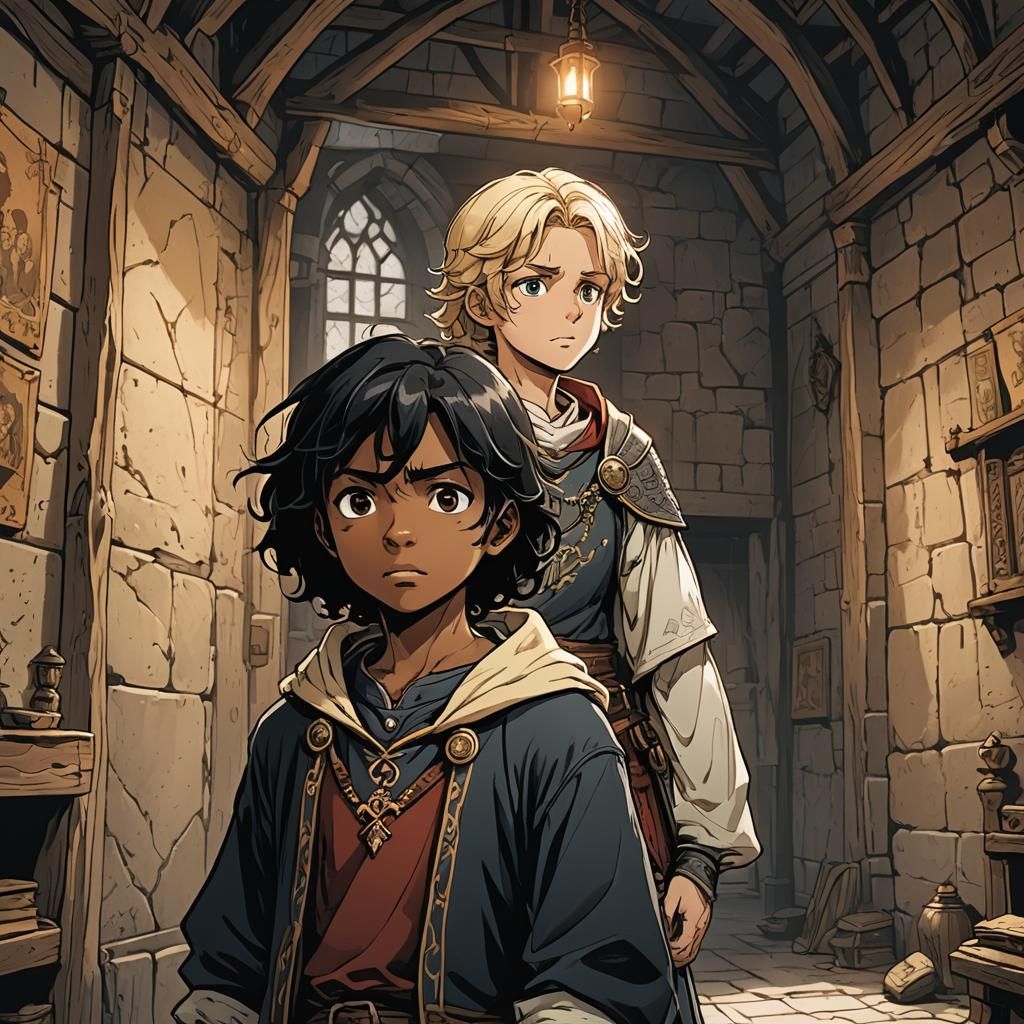 Teenager and Baby in Medieval Room: Manga Style