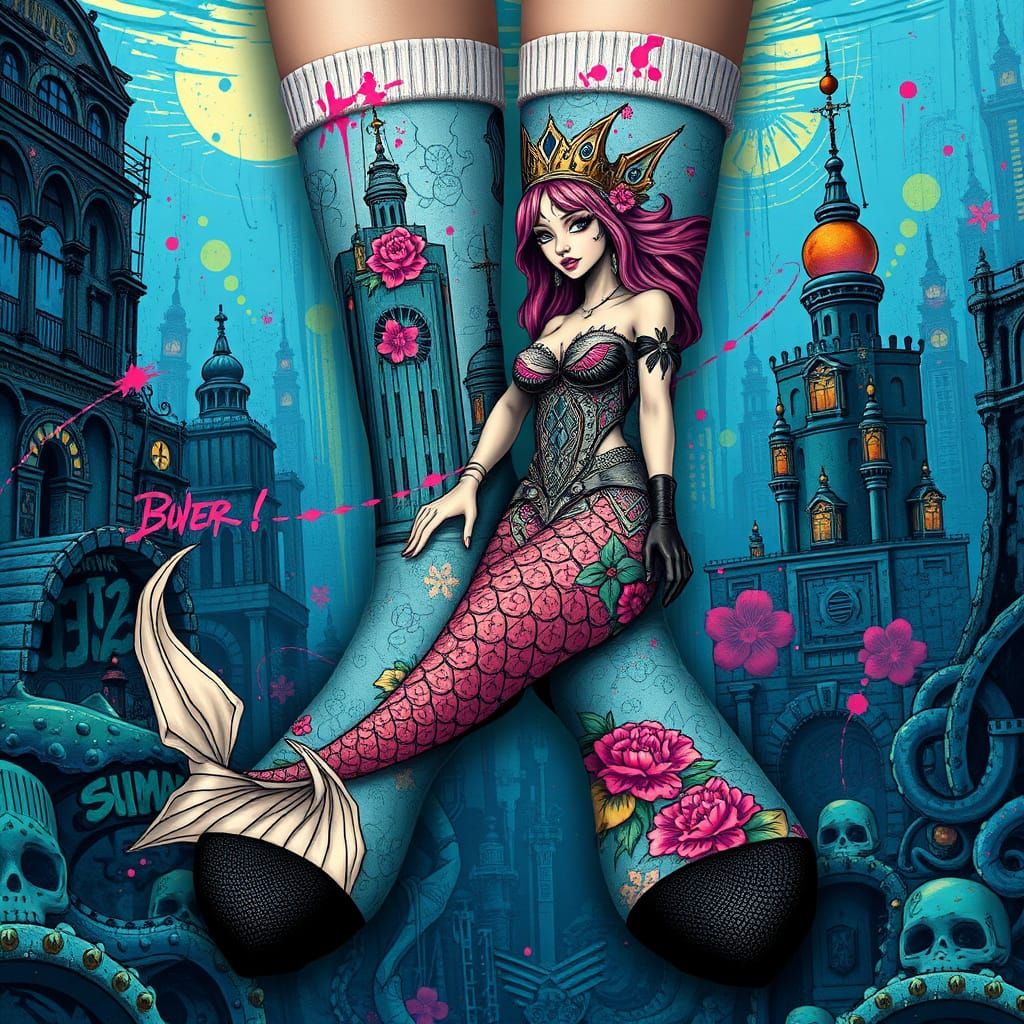 Graffiti Mermaid Socks in Steampunk Cyber-Fantasy Style