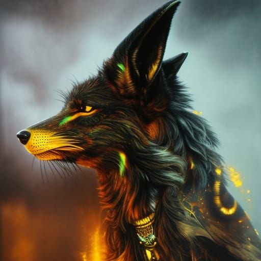 Jackal-Headed Anubis in Gold and Black Ink