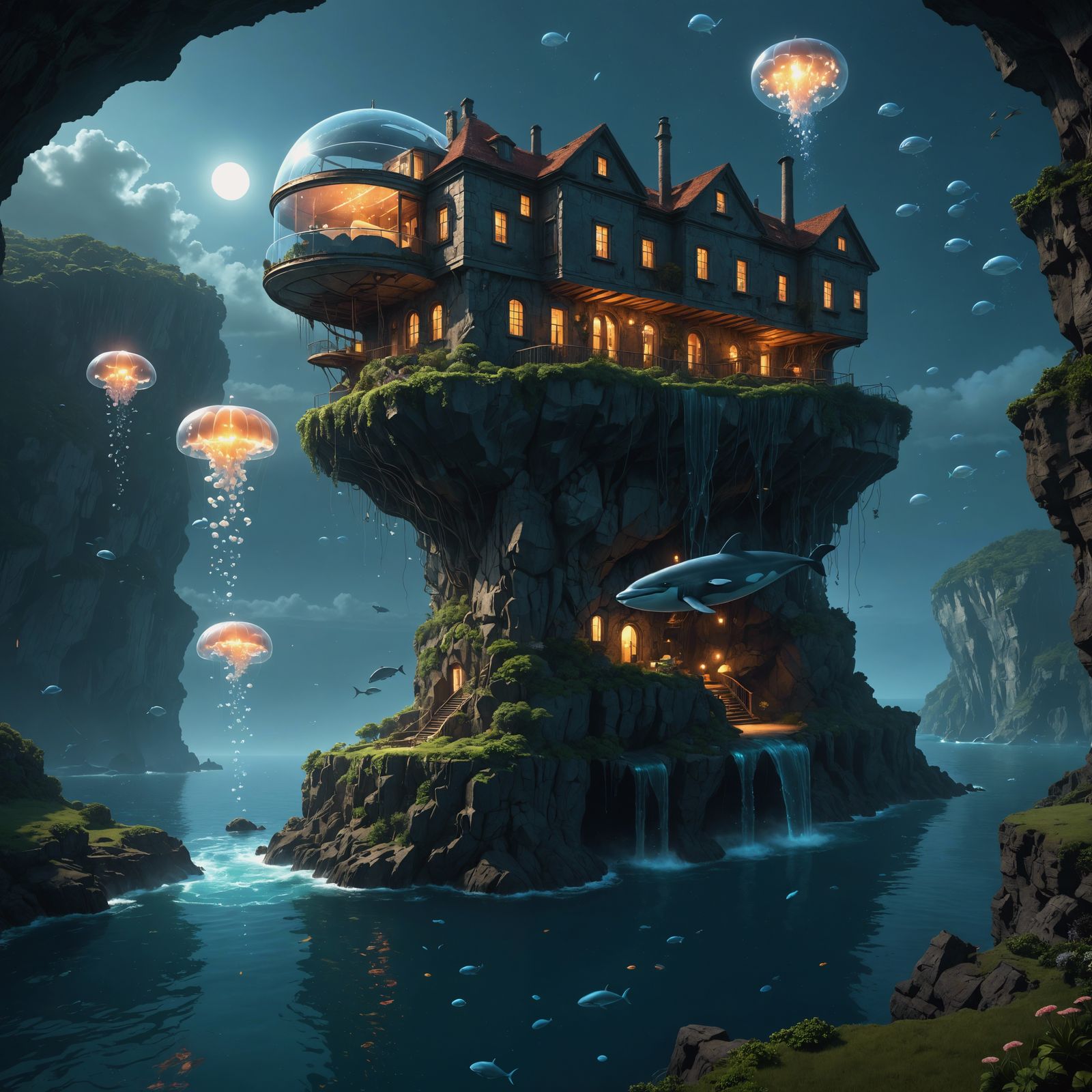 Impossible Cliffside House with Glass Whale, Fauvism Style