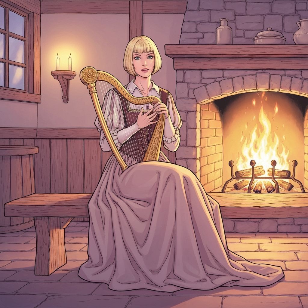Renaissance Beauty with Harp by Tavern Fire
