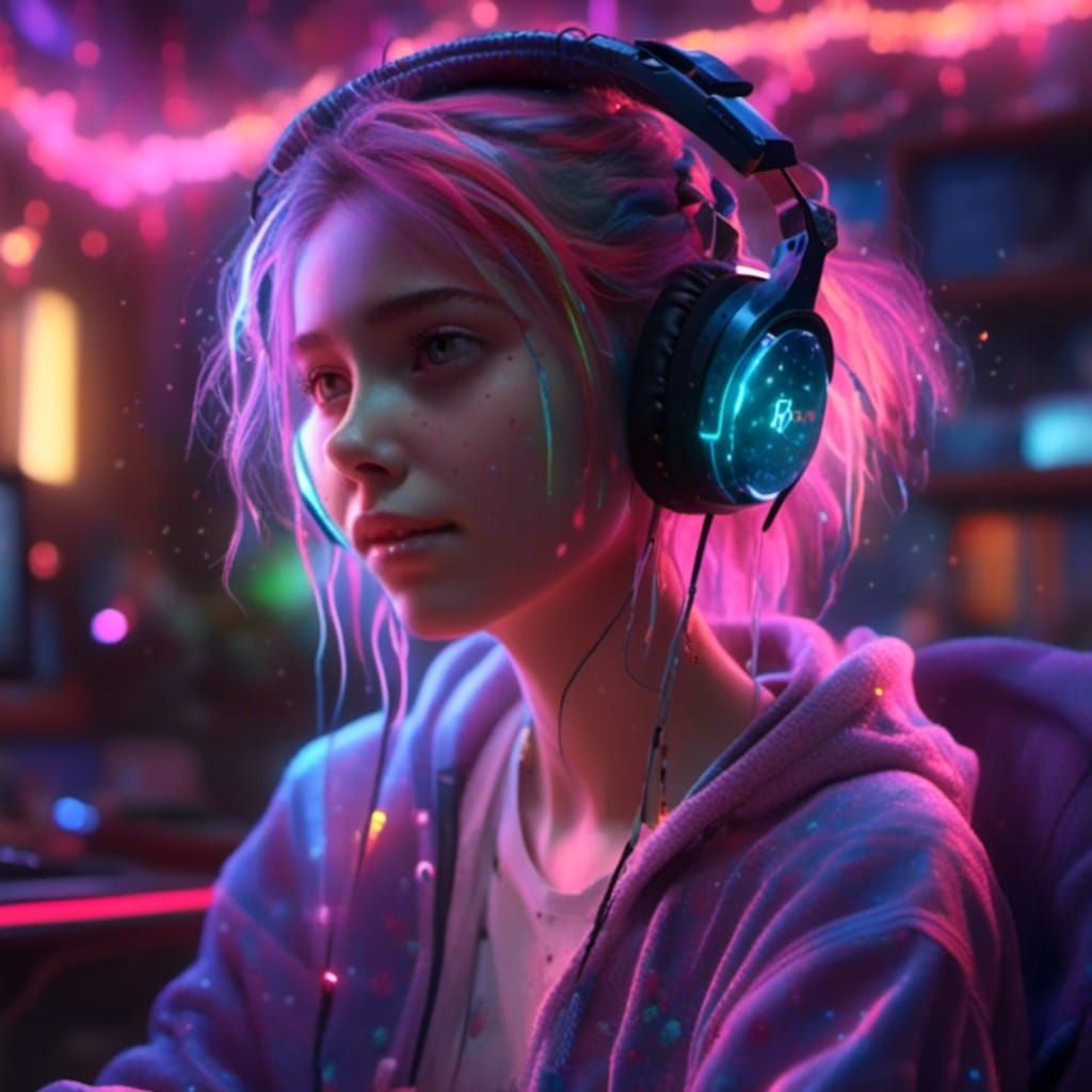 Teenage Gamer Girl in Hyperreal Digital Art Portrait