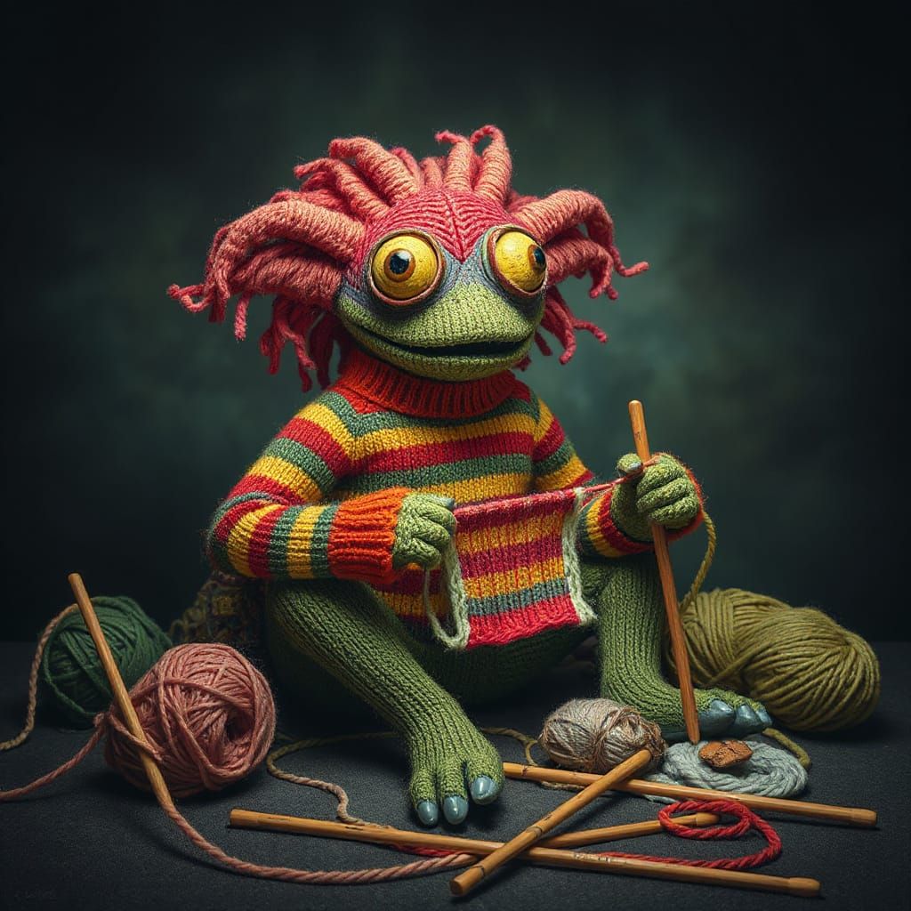 Ethereal Yarn Monster Knits in Dimly Lit Landscape