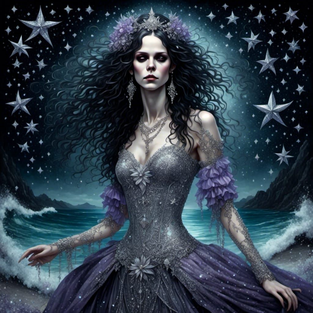 Midnight Beach Stroll in Psychedelic Anime Style