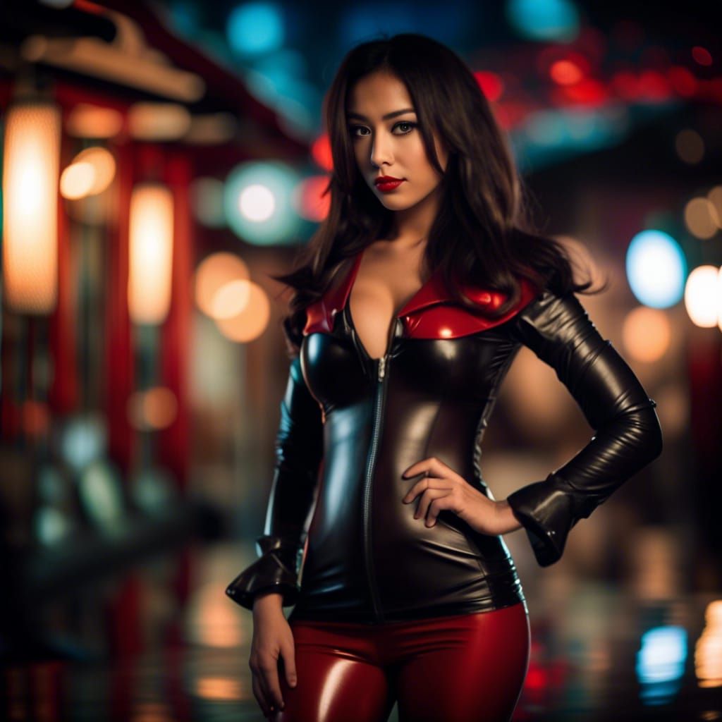 Asian Girl in black-red latex