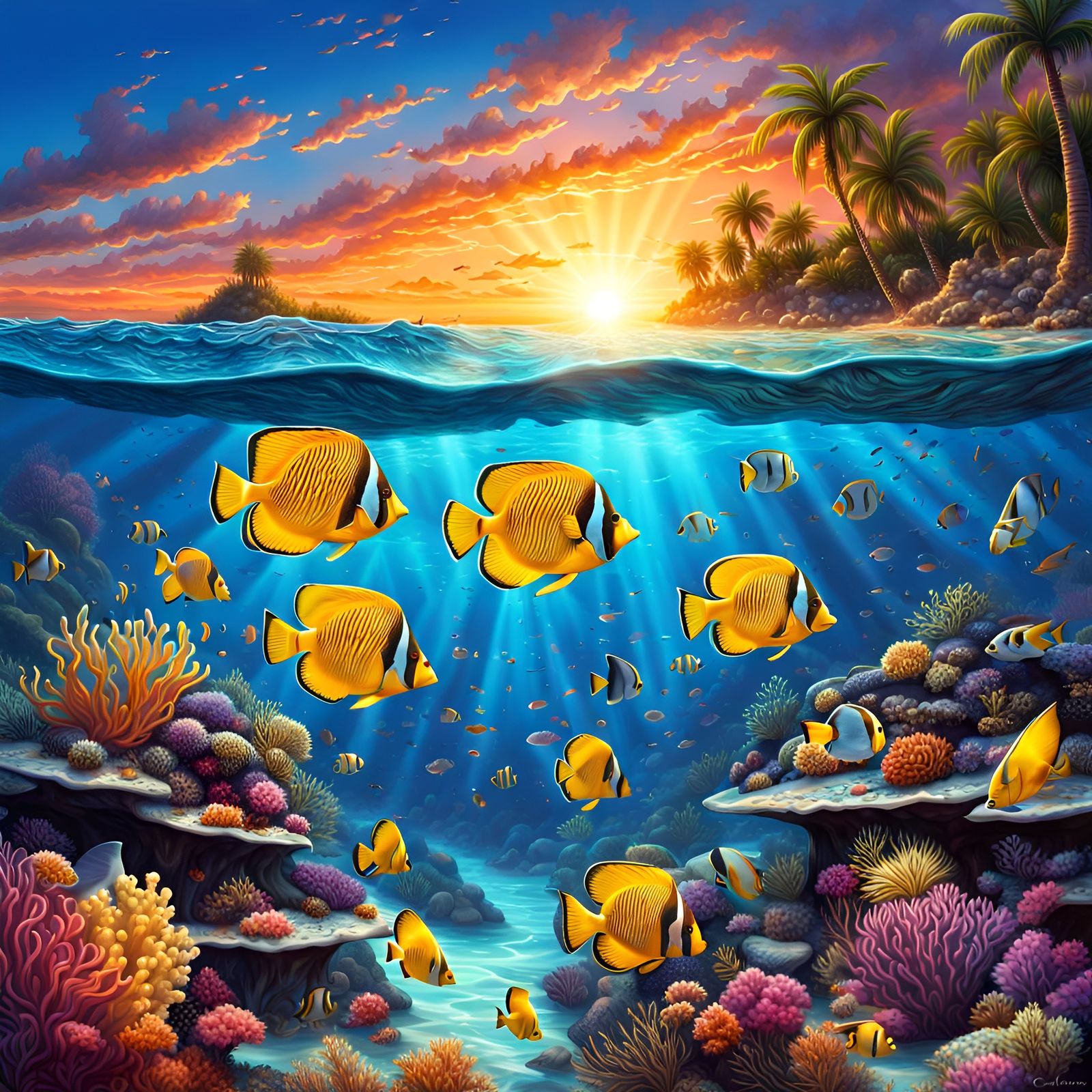 Ocean Reef Sunset with Tropical Fish: Digital Art