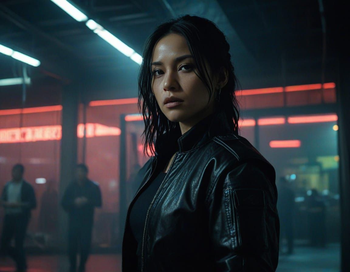 Cinematic film still. A young, intense Latina assassin with long black hair, dark eyebrows, and piercing grey eyes, stan...