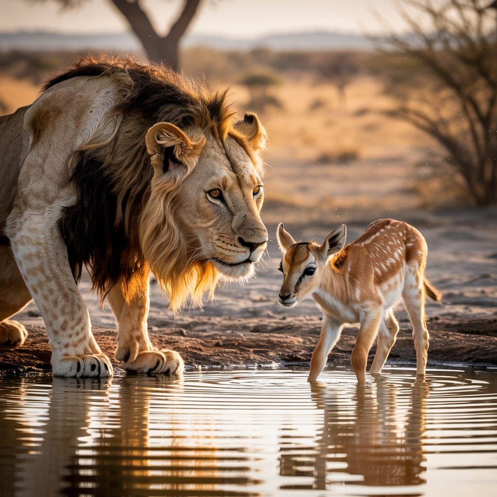 Savanna Waterhole at Golden Hour with Lion and Gazelle