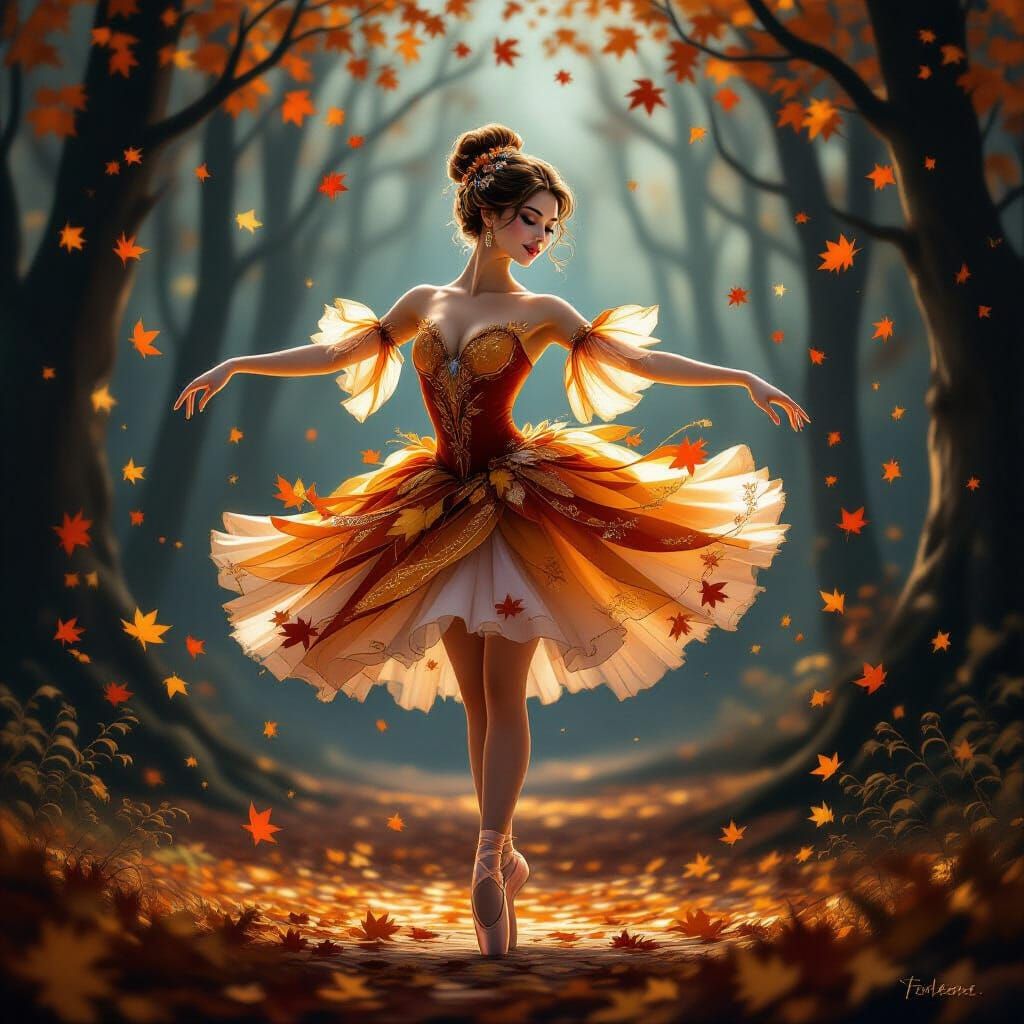 Ballerina in Autumn Costume Dances in Enchanted Forest