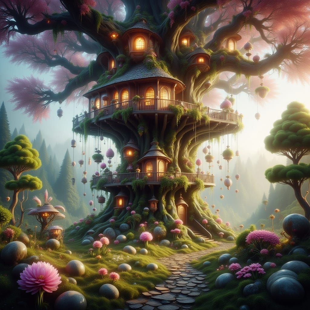 Enchanted Treehouse in Surreal Landscape at Sunrise